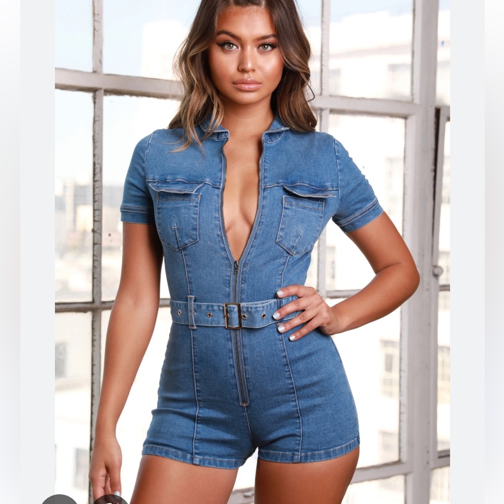 Oh Polly Play Date Belted Denim Playsuit